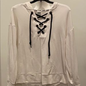 White cross laced v neck sweatshirt by Pink